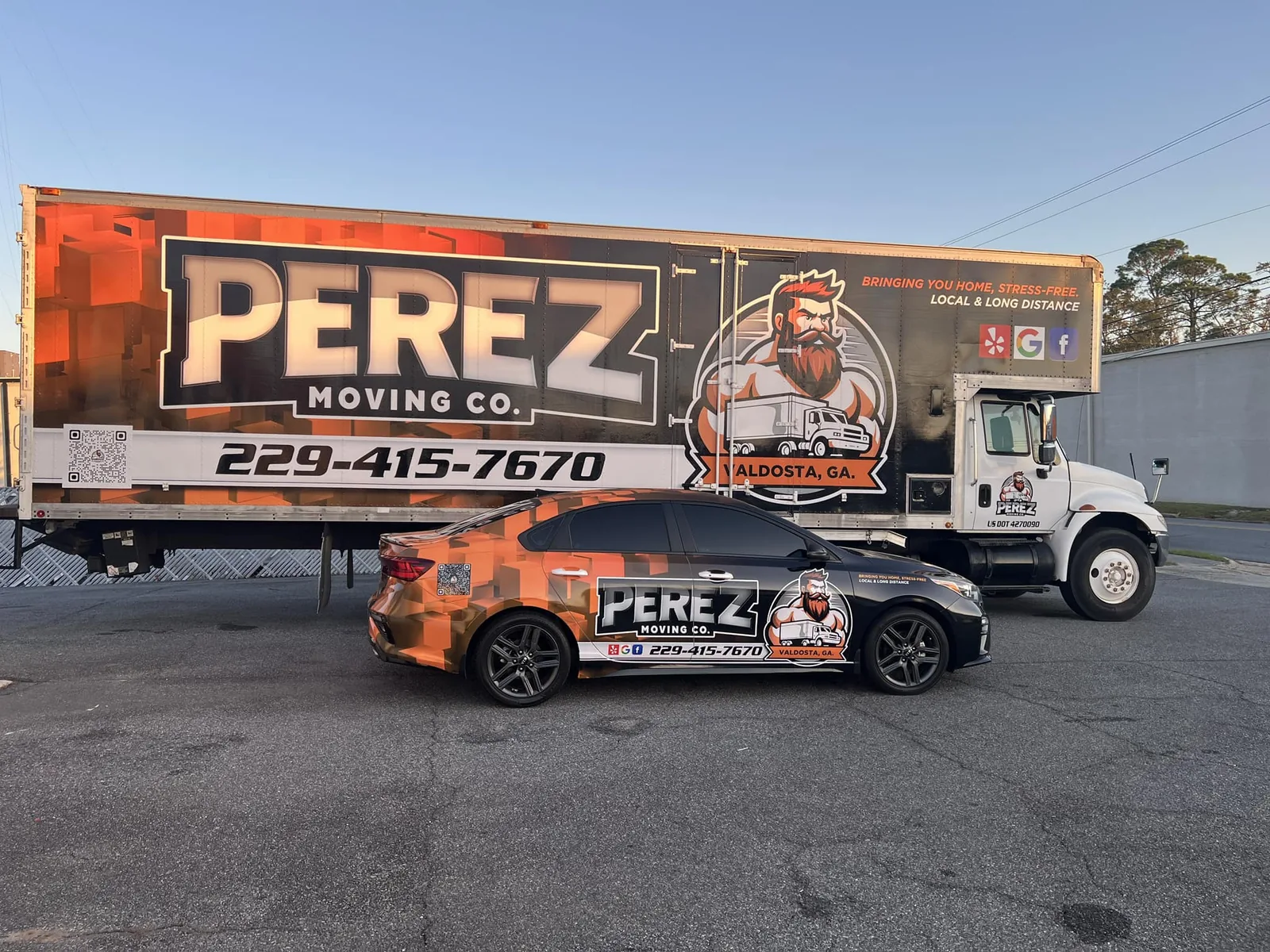 Perez Moving Co branded moving truck and wrapped company car — local & long-distance movers in Valdosta, GA